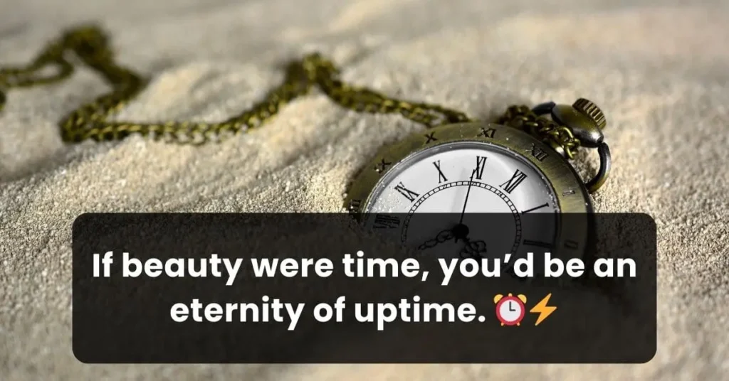 a pocket watch placed on sand and a IT pick up lines written on it