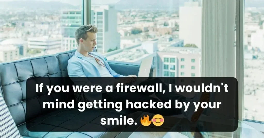 cute pick up line for IT guys written with a guy on sofa working on laptop