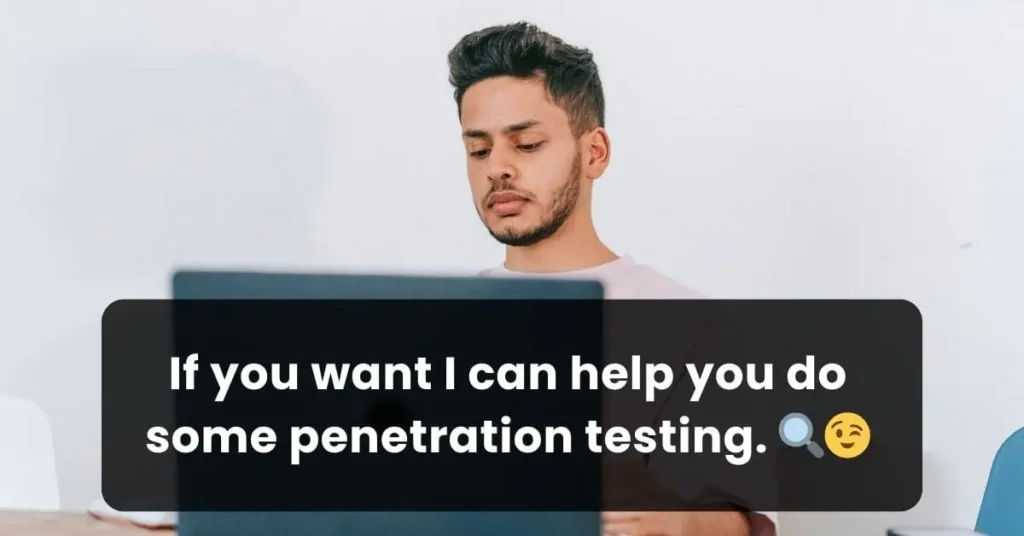 handsome guy working on laptop in background with a dirty IT pick up line in front